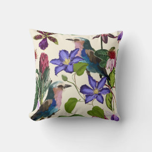 Almofada Padrão floral, folhas, pássaro, flores exóticas.