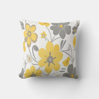 Almofada Padrão Floral Moderno Cinza e Amarelo em Branco