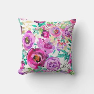 Almofada Padrão Floral Moderno Colorido Rosa Roxo