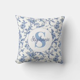 Almofada Padrão Floral Monograma Francês Toile Azul Nome