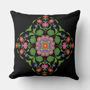 Almofada Padrão Floral Rangoli de cor suave em preto