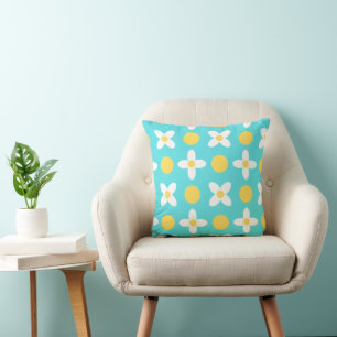 Almofada Padrão Floral Retro Azul Turquesa