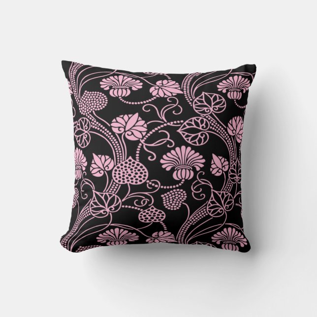 Almofada Padrão Floral Retro Rosa no Preto (Frente)