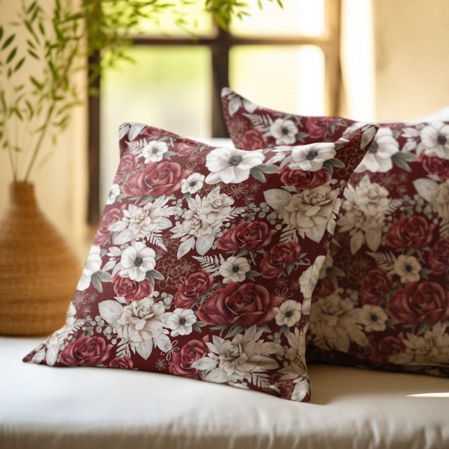 Almofada Padrão Floral Rosa Creme Borgonha Rústico (Criador carregado)
