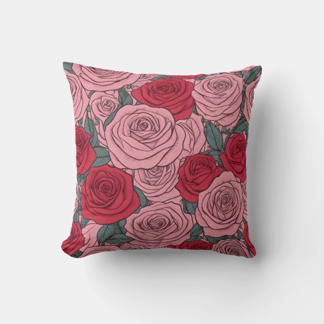 Almofada Padrão floral rosa e rosa vermelha (Frente)