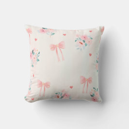 Almofada Padrão Floral Rosa Suave e Laço – Fofo Romântico 