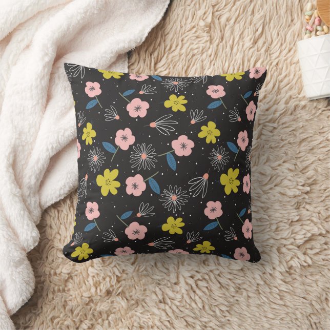 Almofada Padrão Floral Simples de Ilustração Preta e Rosa (Cobertor)