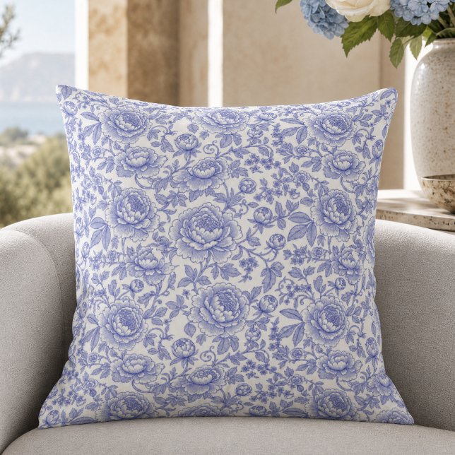 Almofada Padrão Floral Toile Francesa Azul (Criador carregado)