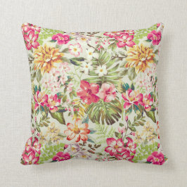 Almofada Padrão Floral Tropical Verde, Creme, Rosa