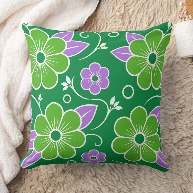Almofada Padrão Floral Verde e Roxo Decorativo (Cobertor)