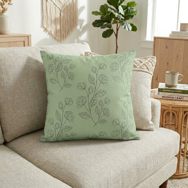 Almofada Padrão Floral Verde Simples Moderno Sobre Verde (Criador carregado)