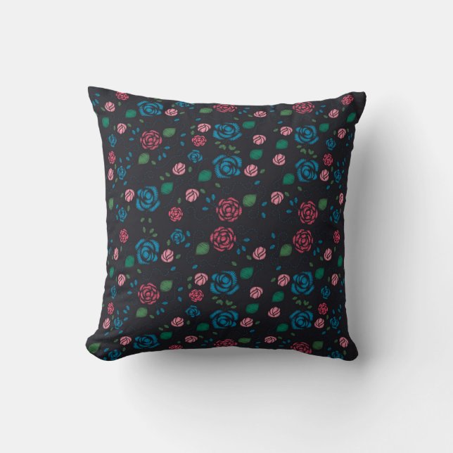 Almofada padrão floral vermelho e azul vintage (Frente)