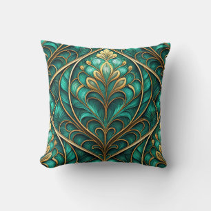 Almofada padrão floral vibrante em azul-turquesa e dourado