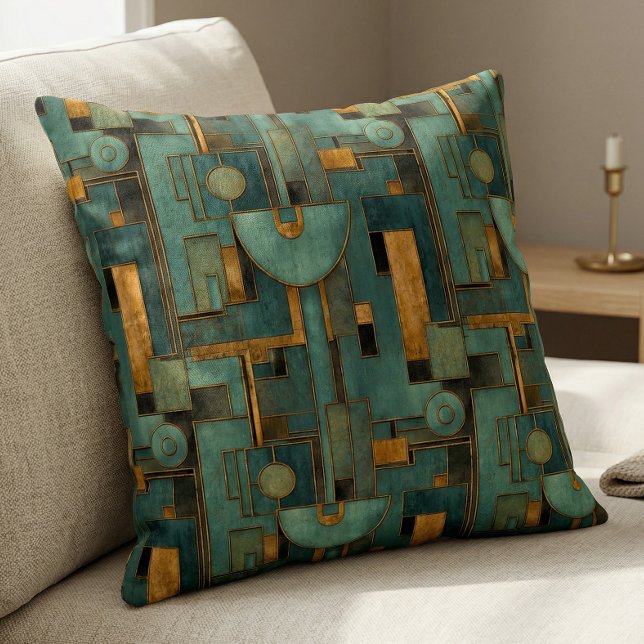 Almofada Padrão Geométrico Dourado e Azul Turquesa Art Déco (Criador carregado)
