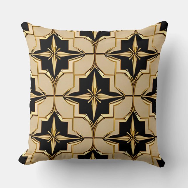 Almofada Padrão Geométrico Elegante em Dourado e Preto (Frente)