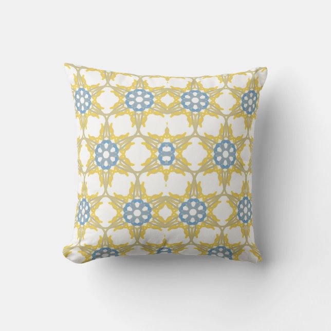 Almofada Padrão Geométrico Em Amarelo, Branco E Azul. (Frente)
