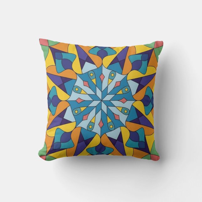 Almofada Padrão geométrico fractal azul e amarelo (Frente)