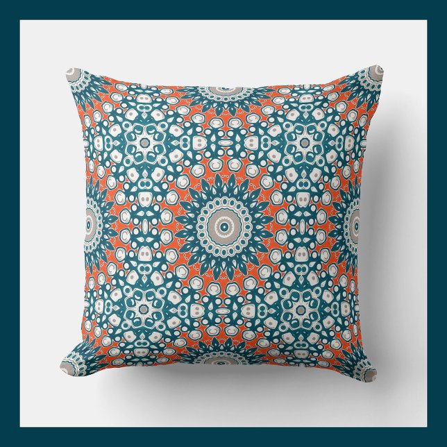 Almofada Padrão Geométrico Totem Laranja e Teal Mandala (Criador carregado)