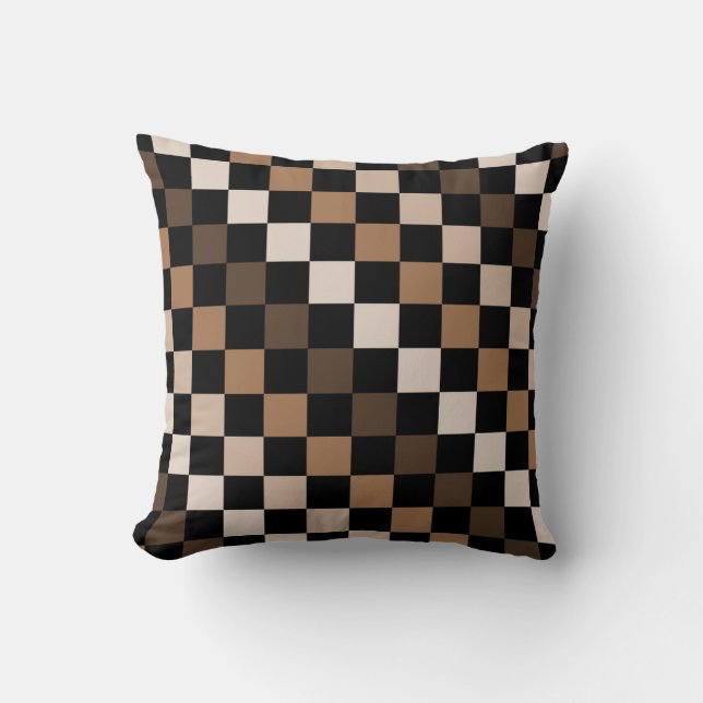 Almofada Padrão Gingham Preto-Castanho Verificado (Frente)