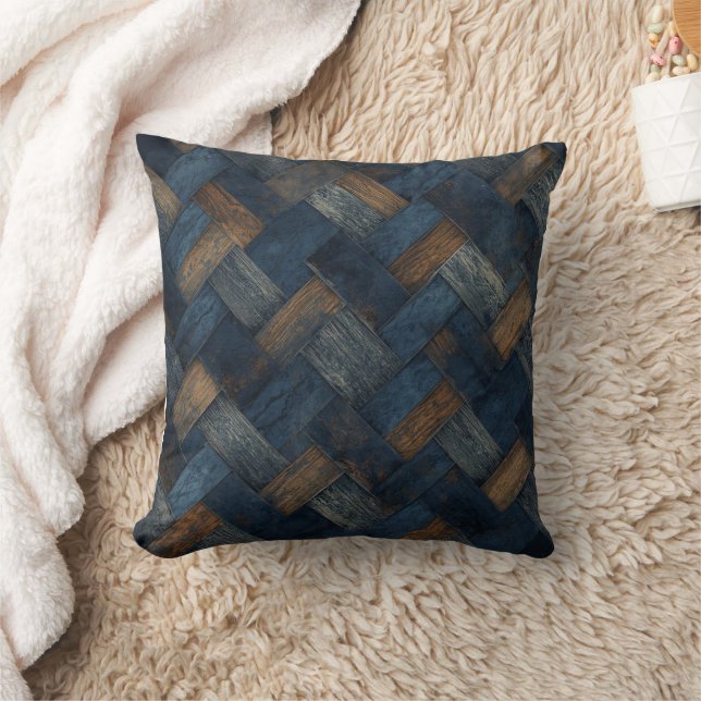 Almofada Padrão Herringbone em Azul Marrom Cinza (Cobertor)