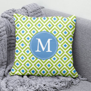 Almofada Padrão Ikat de Ouros Azuis Verdes Monogramados