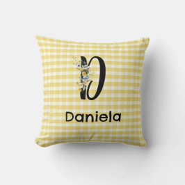 Almofada Padrão inicial de gingham de flor de aquarela mono