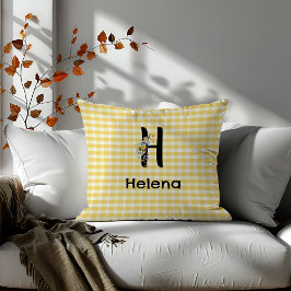 Almofada Padrão inicial de gingham de flor de aquarela mono