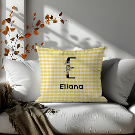 Almofada Padrão inicial de gingham de flor de aquarela mono