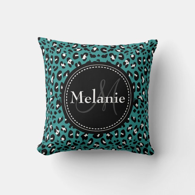 Almofada Padrão-Leopardo Branco Preto-Teal Monograma (Frente)