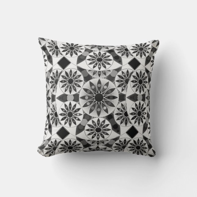 Almofada Padrão Mandala, preto, branco e cinzas / cinzas (Frente)