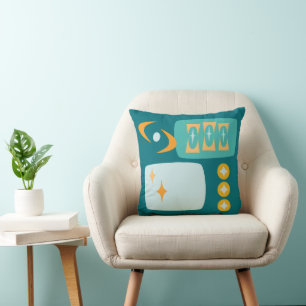 Almofada Padrão MCM de Idade Atômica em Teal, Aqua, Laranja