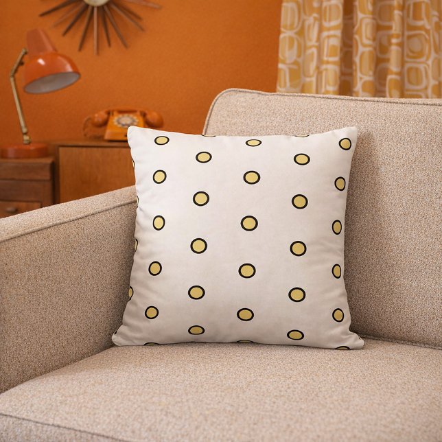 Almofada Padrão Minimalista de Círculo Amarelo Moderno (A throw pillow with yellow dots with black outlines on a white background.)