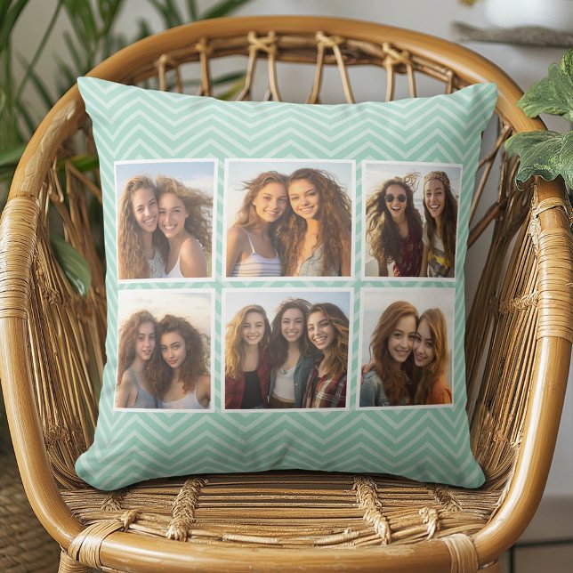 Almofada Padrão Mint Chevron com Colagem de Fotos Trendy 6 (Custom Photo Pillow - Add Your Own Pics!)