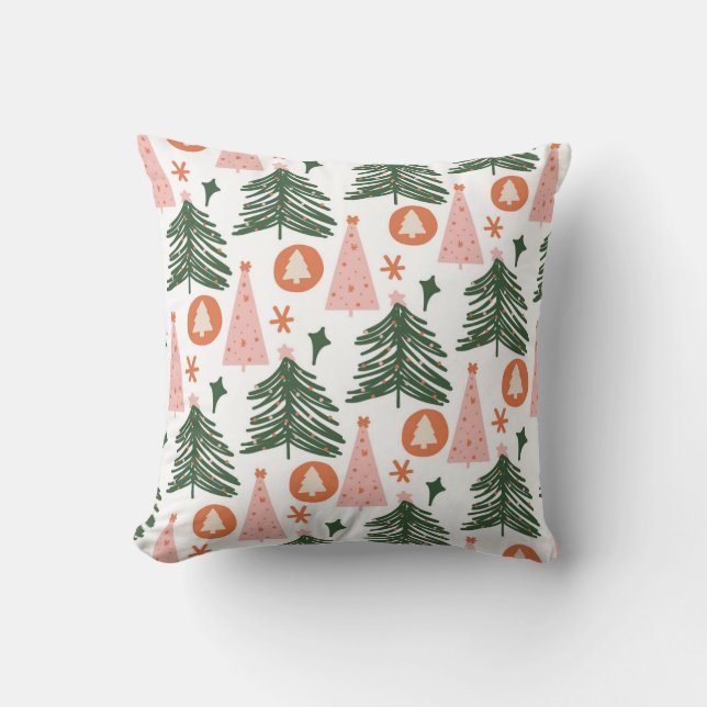 Almofada Padrão Moderno de Árvore de Natal Verde Rosa Festa (Frente)