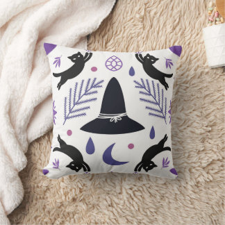 Almofada Padrão Moderno Witchcore com Gatos Pretos e Bruxa
