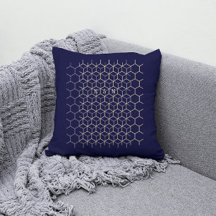 Almofada Padrão monograma hexágono azul escuro geeks inicia