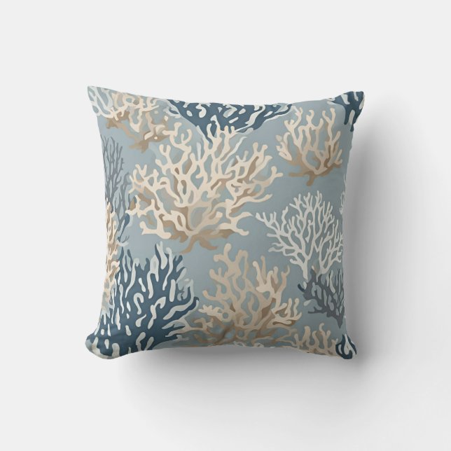 Almofada Padrão náutico do recife de coral de bege azul (Frente)