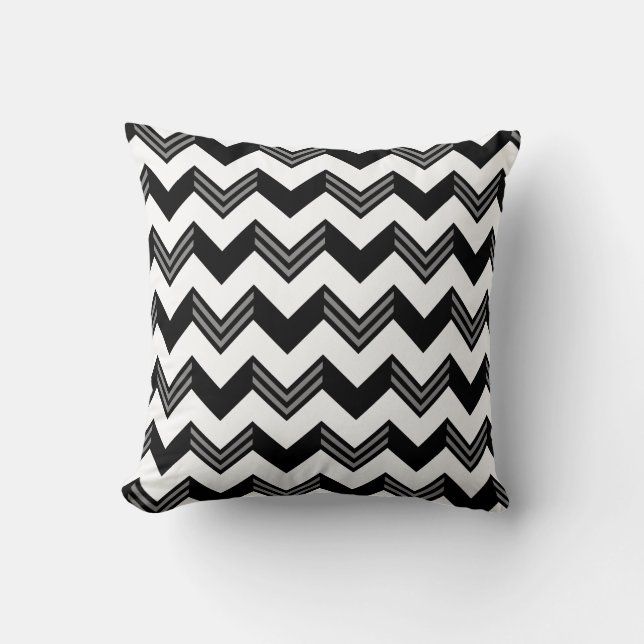 Almofada Padrão Negra Moderna, Cinza, Zigzag Branco Chevron (Frente)