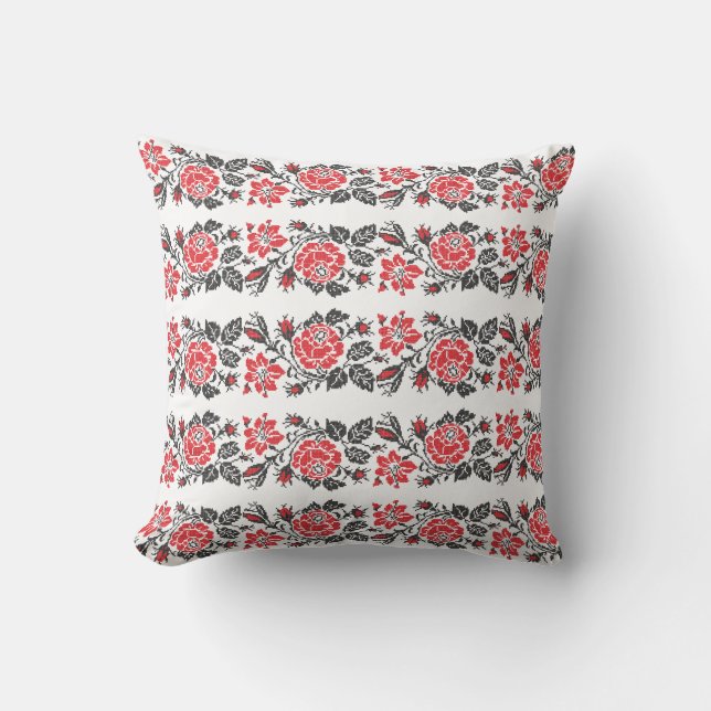 Almofada Padrão original de flores de rosa vermelha com pon (Frente)