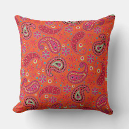 Almofada padrão paisley laranja rosa vermelho, paisley boho