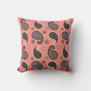 Almofada padrão Paisley, rosa coral, preto e branco