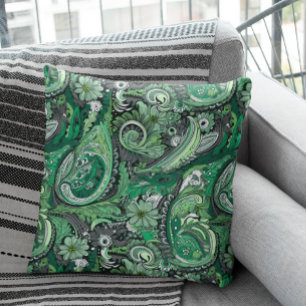 Almofada Padrão Paisley Verde e Cinza