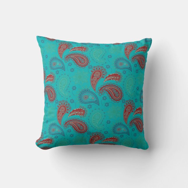 Almofada Padrão Paisley Vermelho Turquesa (Frente)