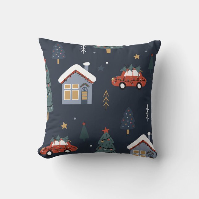 Almofada Padrão perfeito de Natal com árvore de natal, carr (Frente)
