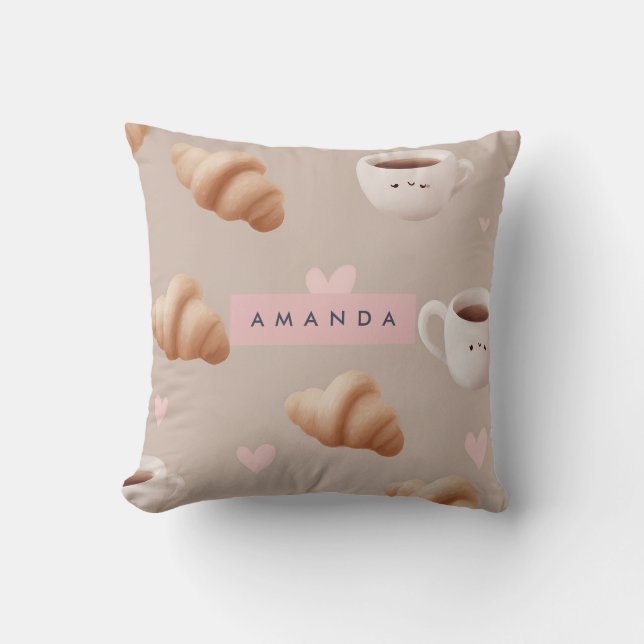 Almofada Padrão personalizado de Cozy Croissant e café (Frente)