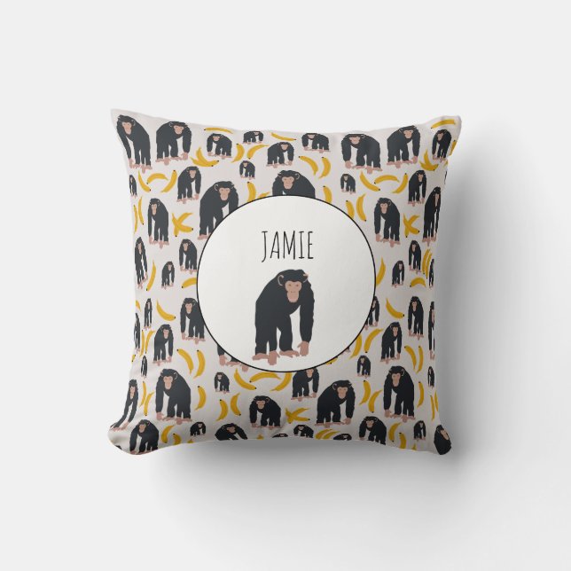 Almofada Padrão Personalizado de Macaco Chimpanzé & Banana (Frente)