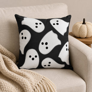 Almofada Padrão Preto de Halloween com Fantasmas Brancos Vo