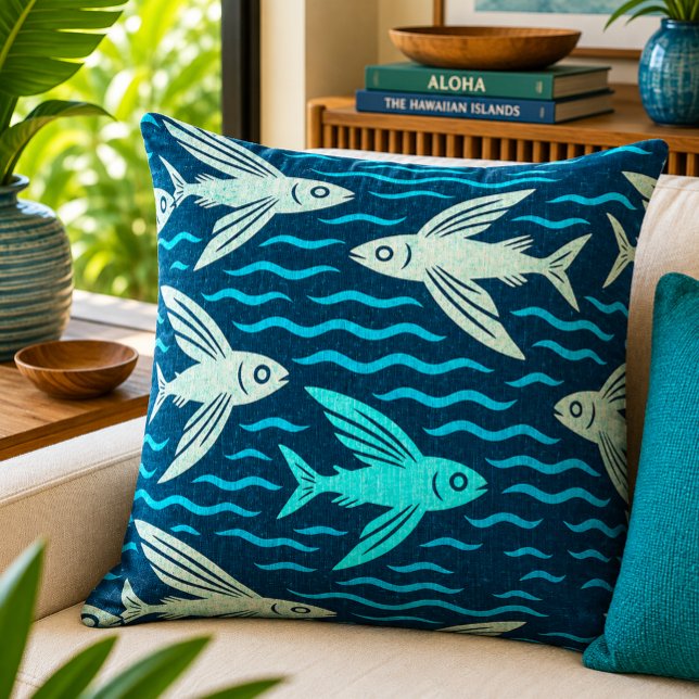 Almofada Padrão Retro de Ondas do Oceano Peixe Voador Havai (Criador carregado)