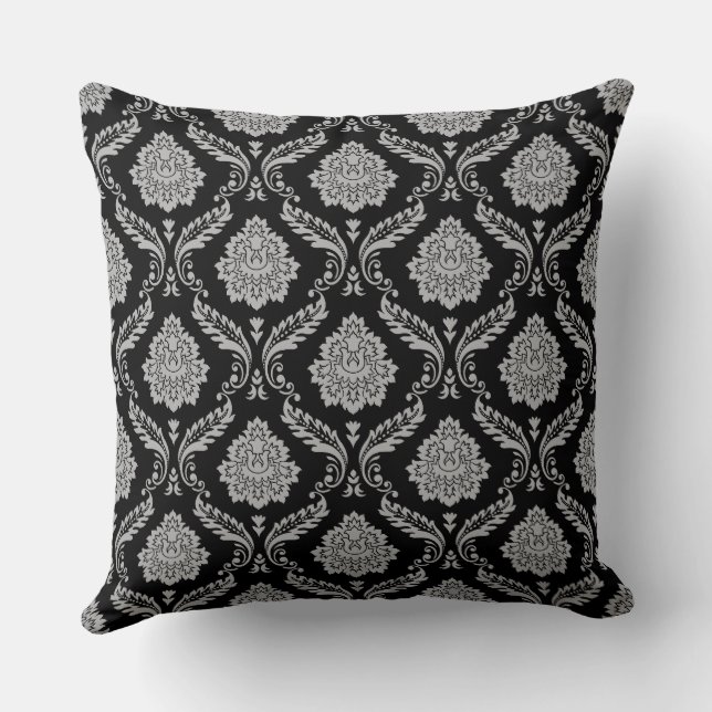 Almofada Padrão Rococó Damask Cinza no Preto (Verso)