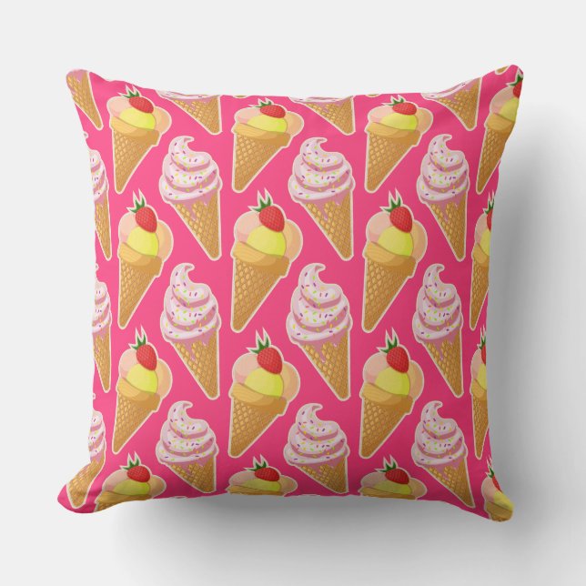 Almofada Padrão rosa Kawaii com sorvete de morango (Frente)